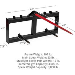 Skid Steer Hay Frame Attachment, 49" Hay Spear and Stabilizer Spears, Rated 3,000 LB, Quick Tach Mounting, Hay Handing Equipment for Bobcat Tractors