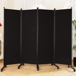 SUNALLY Room Divider 6FT Folding Privacy Screens With Lockable Wheels, 4 Panel Room Partition For Room Separator, 88" W Freestanding Portable Fabric W