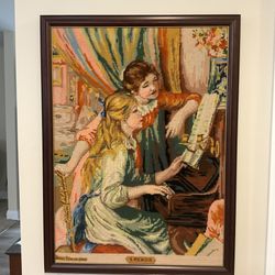 FRAMED NEEDLE POINT of “GIRLS AT THE PIANO” by Painter Pierre-Augusta Renoir