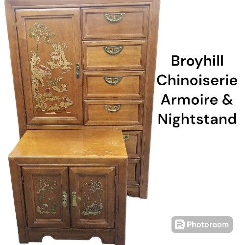 Vintage Broyhill chinoiserie Armoire set With Landscape Paintings
