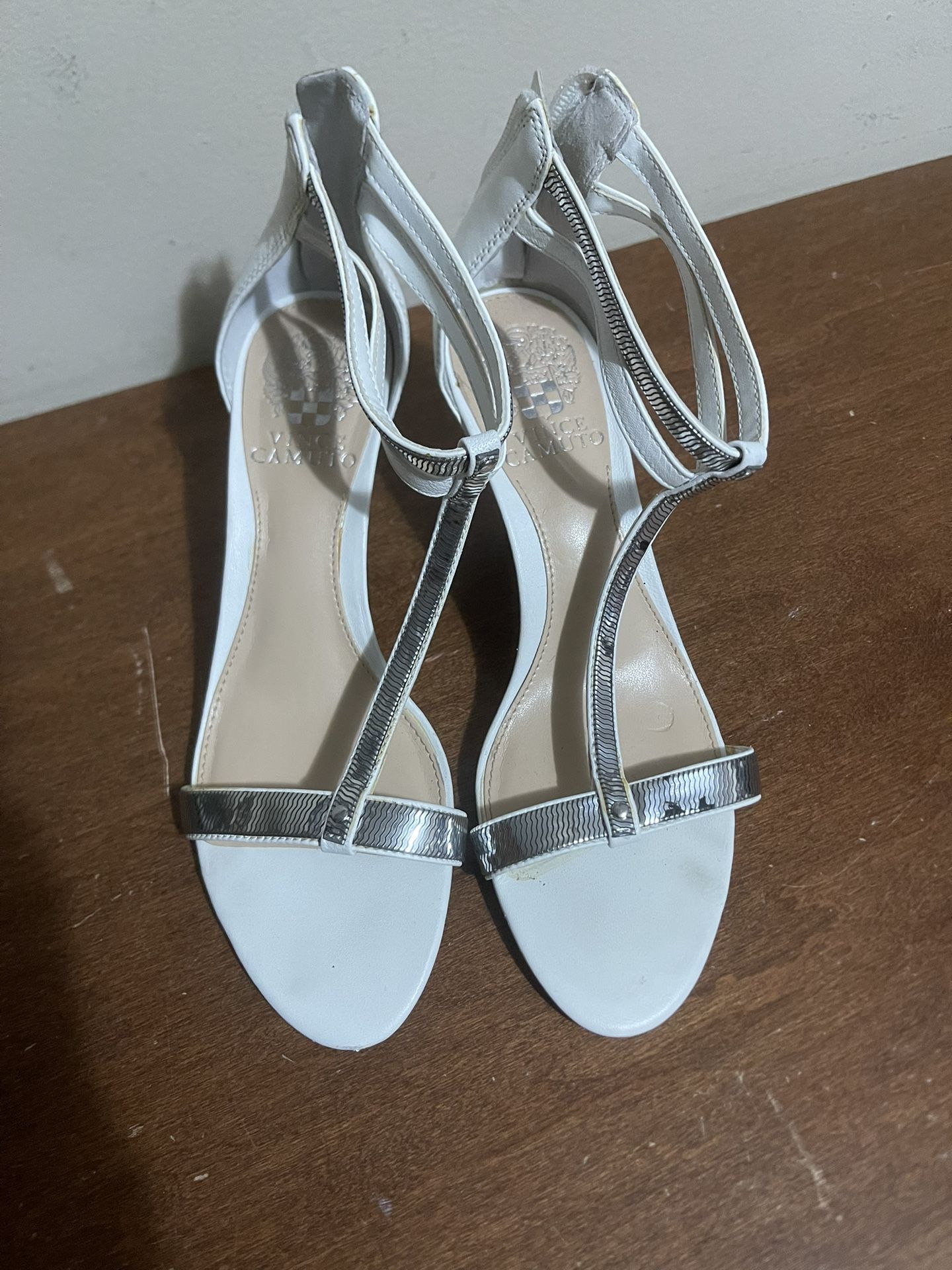 Size 6, Vince Camuto white heels with silver sequin Zip up back
