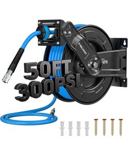 Retractable Air Hose Reel, 50 ft x 3/8 in Hybrid Air Hose Max 300PSI, Heavy Duty Air Compressor Hose Reel with Auto Rewind, Ceiling/Wall Mount for Gar