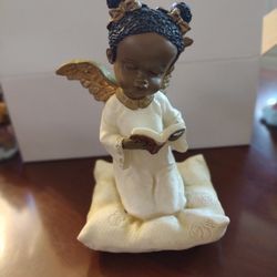 Antique Collectible Adorable Angel With Pigtails All In White With Gold Wings, Reading The Bible