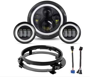 7" LED Headlight + Passing Lights for Road King/Road Glide/Street Glide/Electra Glide Headlight Chrome with Bracket Mounting Ring and Wire Adapter (Ch