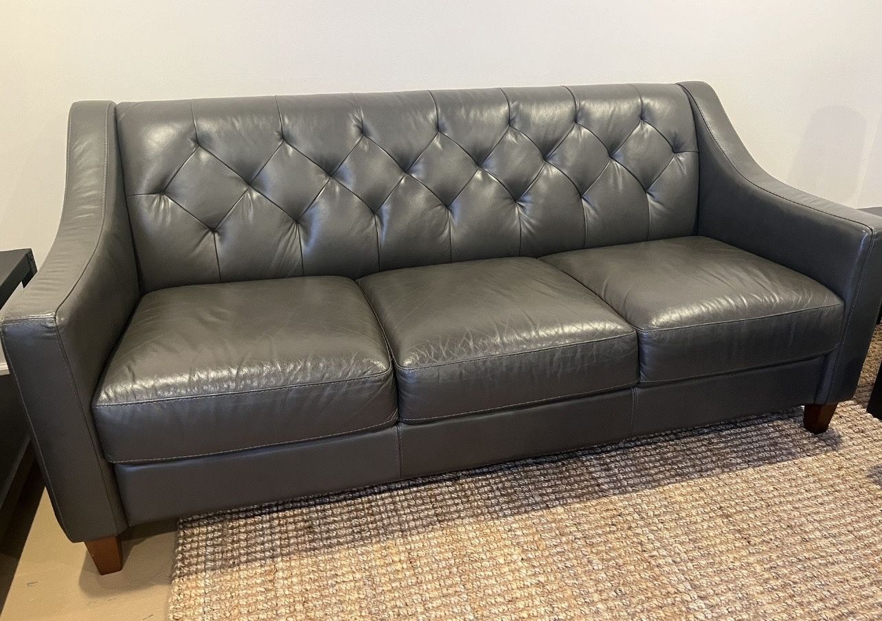 Comfortable Grey Leather Couch 76”