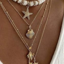 1pc Set Beachy Starfish Shell Sun Pendant Layered Necklaces