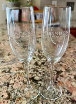 A pair of Vintage Chandon, Napa Valley, California 10 inches, Slender clear Glass Champagne Flute Sparkling Wine Glass