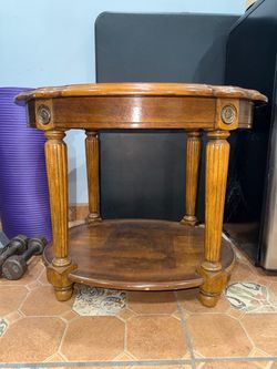 Vintage Oak End Table with Glass Top, Oval, Lower Shelf