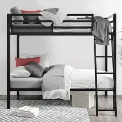 Black Twin Over Twin Metal Bunk Bed for Juniors, Industrial Frame with Inclined Stairs & Full-Length Guardrail