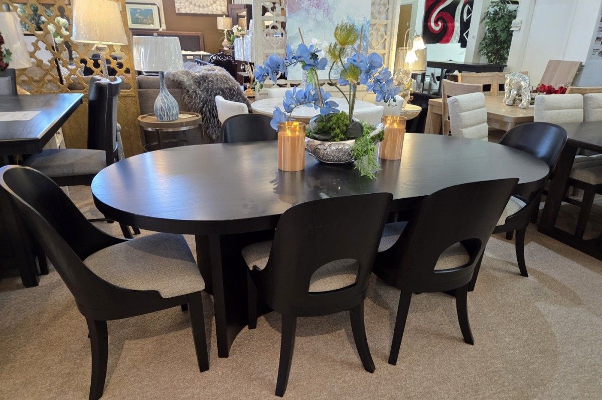 Black Oval Dining Table + 6 Side Chairs