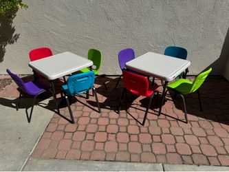 Kids outdoor table sets (stacking/folding). Lifetime. 8 seats, 2 tables.