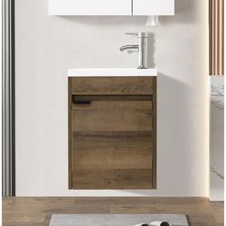16" Small Bathroom Vanity Wall Mounted, Brown Small Bathroom Vanity with Ceramic Sink, Vanity and Sink Combination with Chrome Mixer Tap, P-Shaped Was