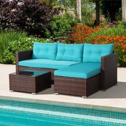 3 Piece Outdoor Rattan Sectional Sofa Set With Turquoise Cushions 