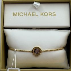 941-Michael Kors Gold Tone Plated Brass MK  & Crystal Station Bracelet NWT & Box