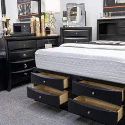 Emily Black Storage Platform Bedroom Set Queen Or King Bed.   Bed, Dresser, Mirror, Nightstand 