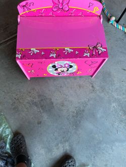 2 Minnie Mouse Toy Chests and a Minnie Mouse white board with book storage on the back