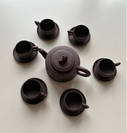 Vintage zisha teapot with six teacups and saucers