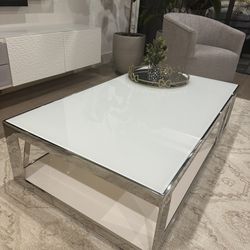 White Glass Coffee Table with Chrome Base