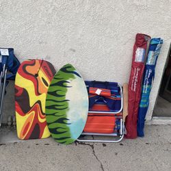 Beach Umbrellas, Boogie Boards, Chairs