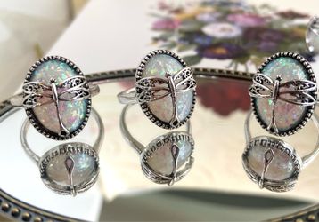 DRAGONFLY SILVER RING SYNTHETIC OPAL GEMSTONE