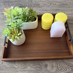 Wooden Tray, Candles & Faux Plants