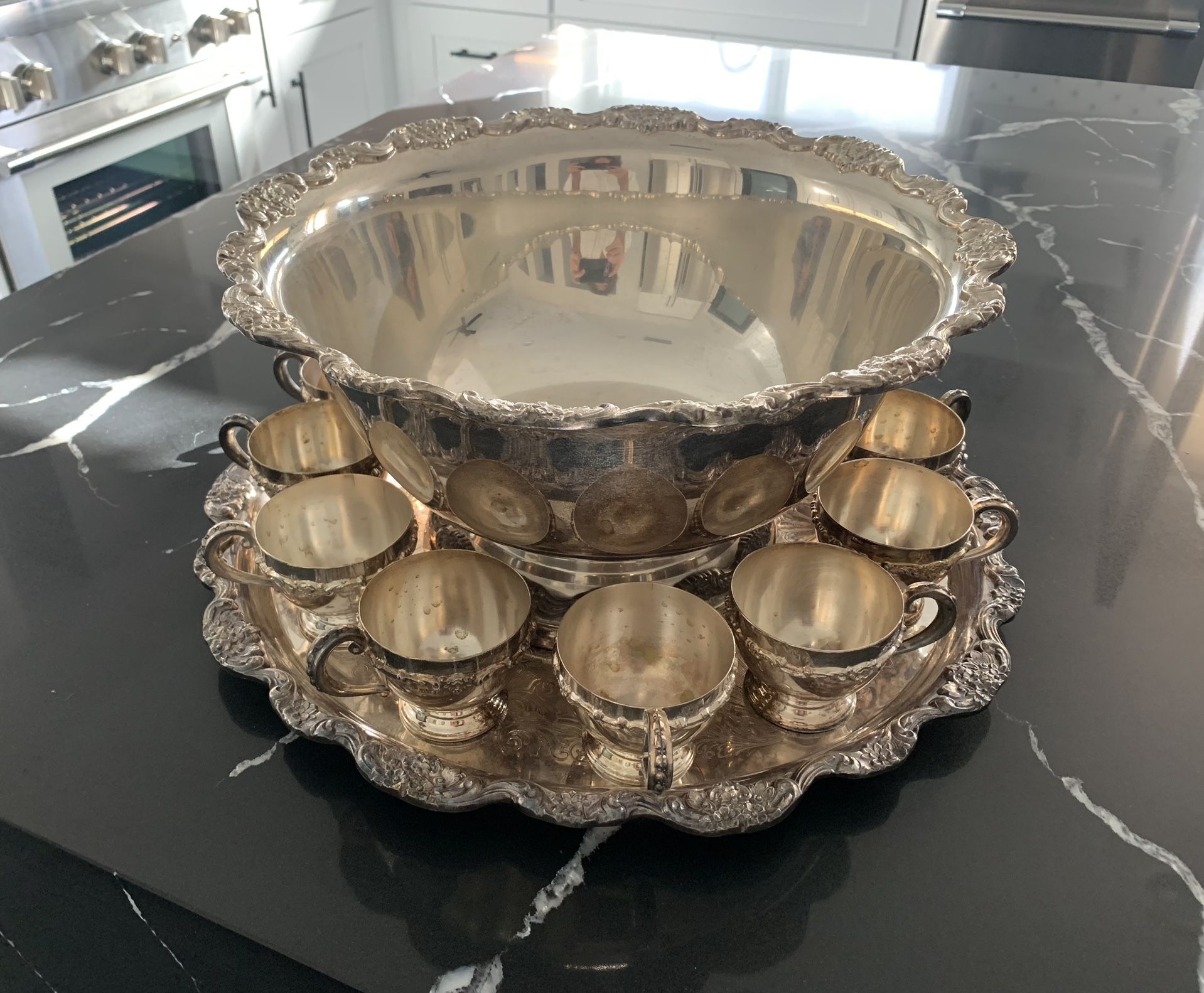 Silver Punch Bowl With 12 Cups