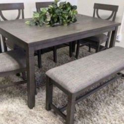 ✅️✅️(6 pc  Grey finish wood dining table set grey padded seat chairs and bench✅️✅️✅️