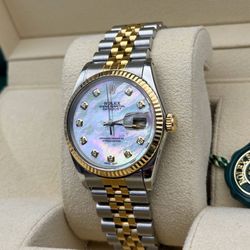 1980s Rolex Datejust 16013 36mm stainless steel jubilee bracelet natural diamond MOP dial gold fluted bezel watch box tag appraisal