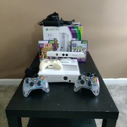 White Xbox 360 Slim w/Kinect, 4GB Storage, 3 Controls and 2 Games