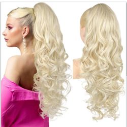 REECHO Ponytail Extension, 24" Claw Clip in Long Curly Wavy Ponytail Hair Extension Jaw Clip on Pony Tails Hairpiece for Women - Light Blonde