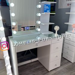 5 Drawer vanity W  Shelf’s & Hollywood Mirror 