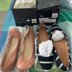 New Ladies Shoes. j Crew Brand . Taupe Flex Leather $60 And Blue White Textile  $50