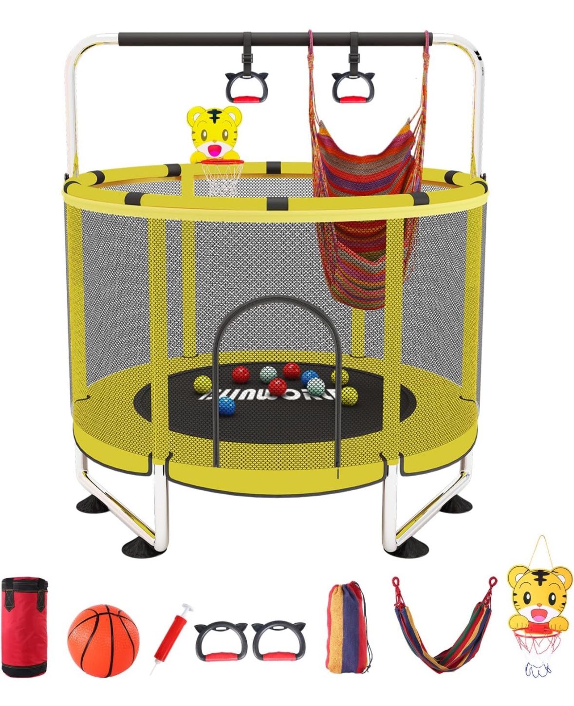 BLINWORLD 5.5 Ft Trampoline for Kids, Adjustable Baby Toddler Trampoline with Basketball Hoop, 440lbs Indoor Outdoor Toddler Trampoline with Enclosure