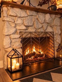 Large glass and metal candle holder with door, decor holder or use with candles near the fireplace or table as centerpiece