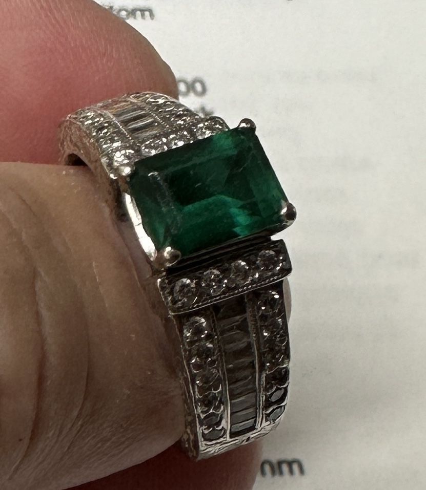 14K White Gold Stamped Lab Grown Emerald & Diamond Ring