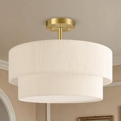 2-Tier Corduroy Semi Flush Mount Ceiling Light, 16.5'' Gold Drum Ceiling with Beige Fabric Shade