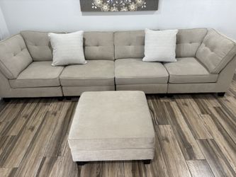 Tan Ashley Modular Sectional Sofa Couch Ottoman Very Comfy, Modern, Functional