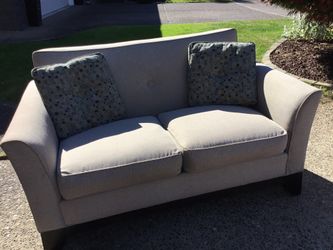 Rowe Berkley 63” sofa loveseat tan woven-frame for life