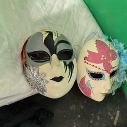 2 Large Venetian Style Masquerade Wall Masks – Hand Painted Decor