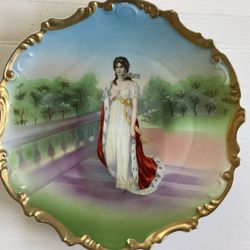 Antique Porcelain Hand Painted Decorative Plate 13” Queen Louise of Prussia Portrait Gold Trim Oversized 