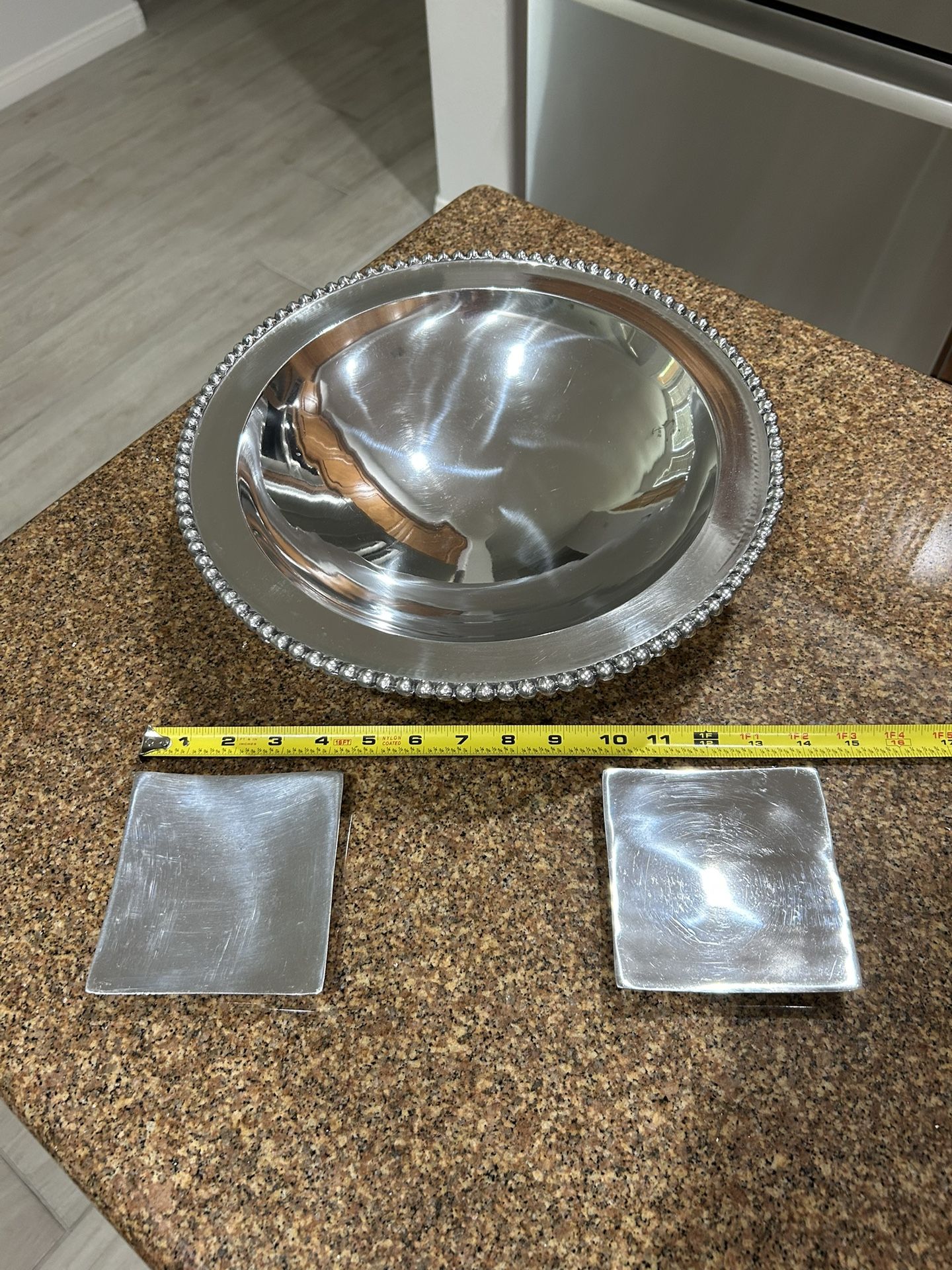 Heavy Polished Aluminum 13.5” Large Bowl & Two 4.25” Candle Holders West Las Vegas See My Listings Summerlin Bowl Depth 3.25”