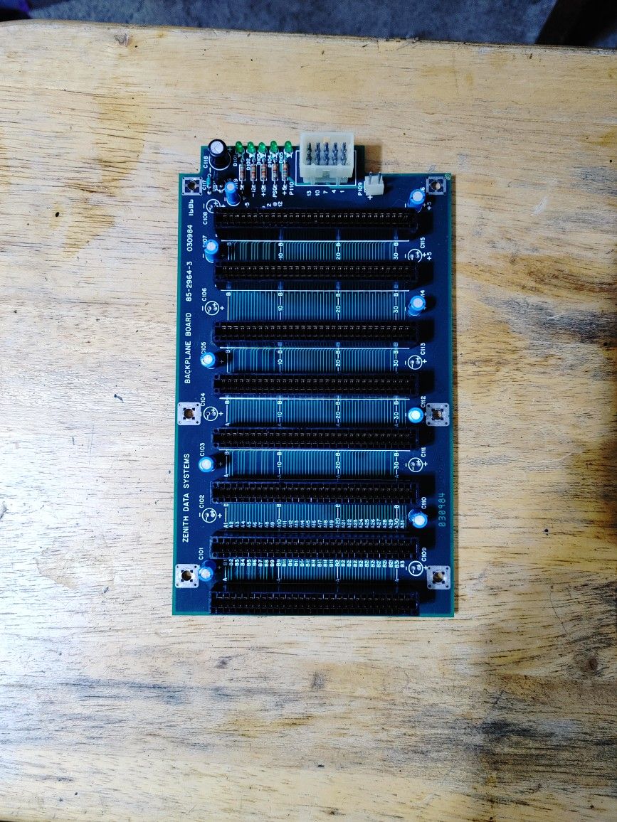 Zenith 85-2964-3 8-Bit ISA Backplane Board, featuring 8 ISA slots.