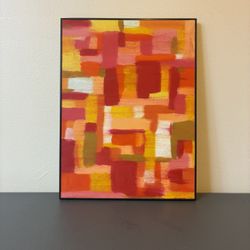 Framed Abstract Acrylic Art Painting Geometric Shapes Red Orange Yellow 