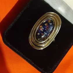 Vintage c1970's CONFETTI LUCITE GOLDTONE SARAH COV RING ( adj)