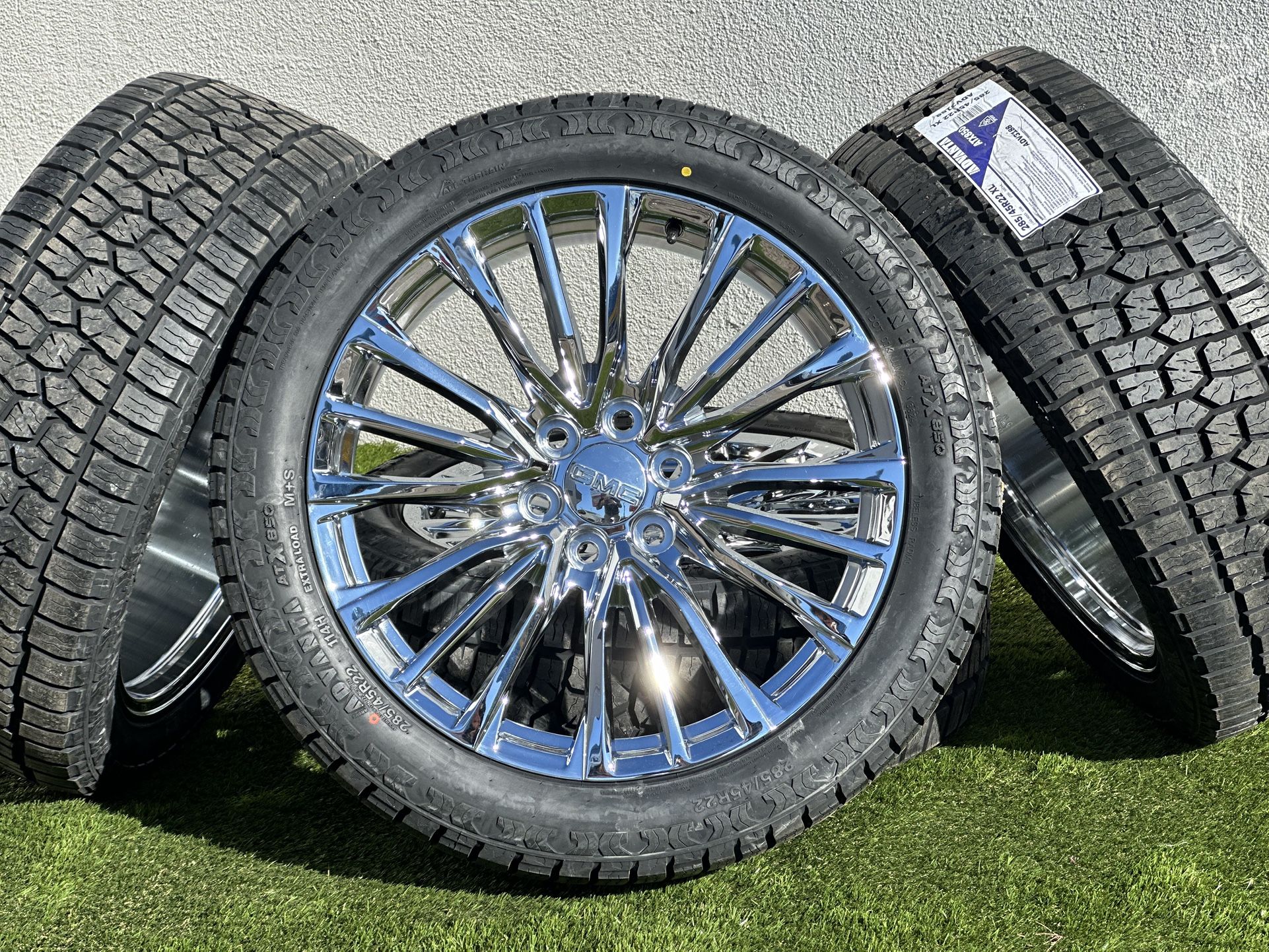 New 22” GMC Sierra Chrome Denali EscaladenChevy Silverado Tahoe rims Yukon tires Suburban 6x5.5 A/T 285/45R22
