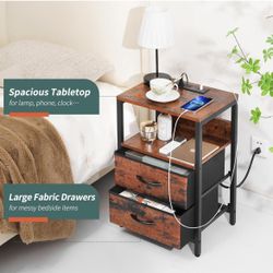 Yoobure Nightstand with Charging Station, with Fabric Drawers and Storage Shelf for Bedroom, Nightstands Bedside Tables with USB Ports