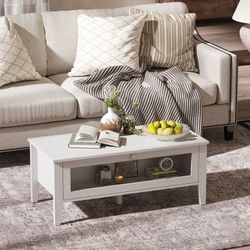 Brand New 39.4'' Wide Modern Coffee Table with Glass Flip-Down Door & Enclosed Storage, White