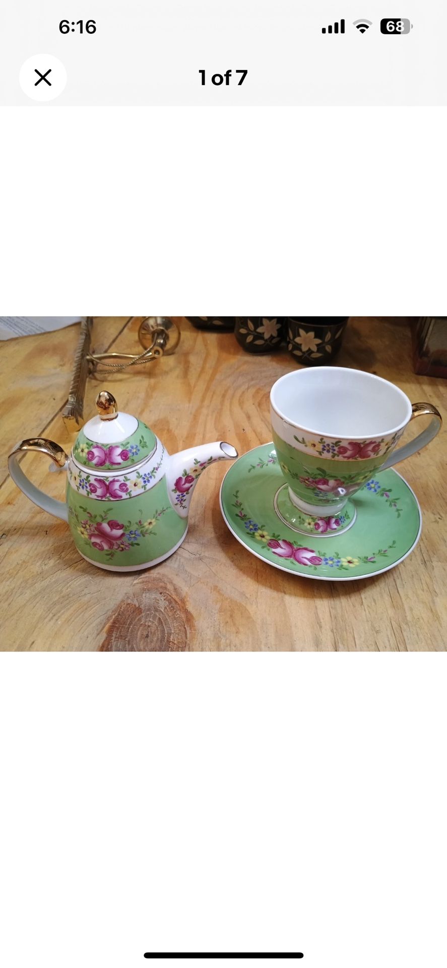 Sorelle Green Floral Fine Porcelain Tea Pot Tea Cup Saucer Set