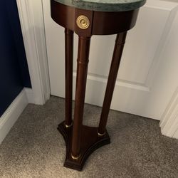 Solid Wood Round Pedestal Table W/ Solid Green Marble Top, Brass Accent Trim