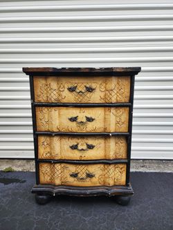 Unusual Vintage Asian Hand Painted Stucco Wood Cabinet